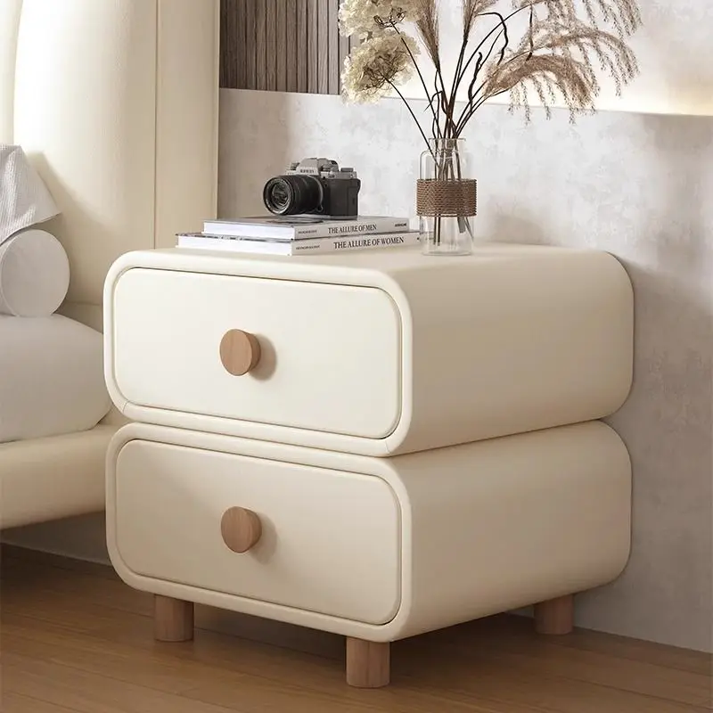 Cream wind bedside cabinet New household bedroom leather bedside cabinet Simple and modern installation-free small storage cabin