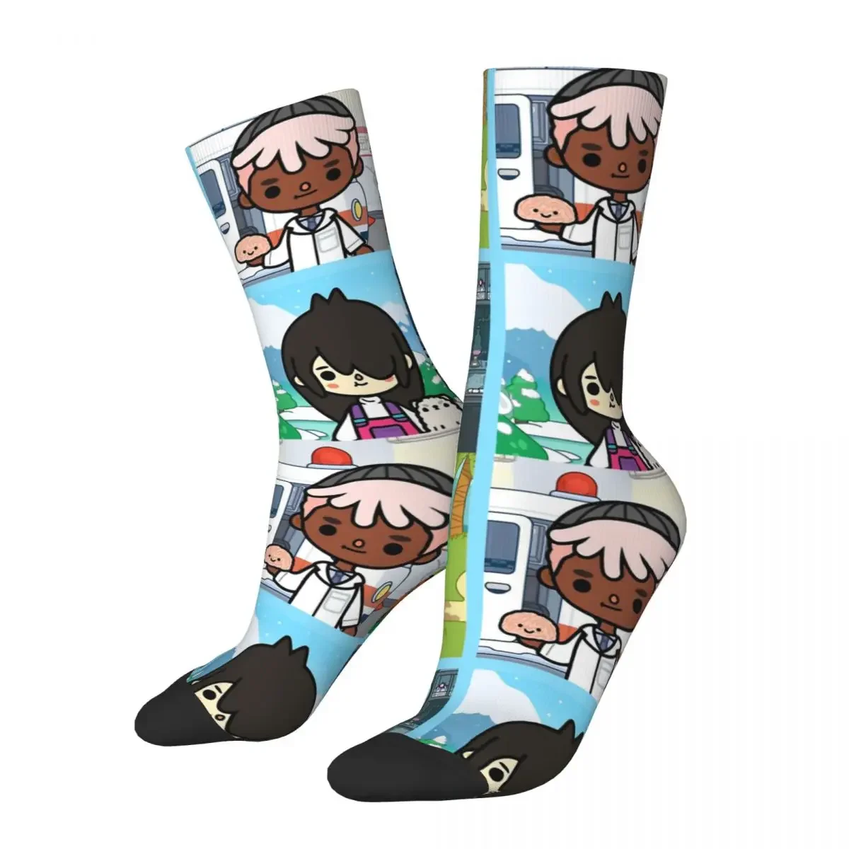 Funny Happy Men's Compression Socks Winter Retro Harajuku Toca Life The Of Exquisite Cartoons Casual Crew Crazy Sock