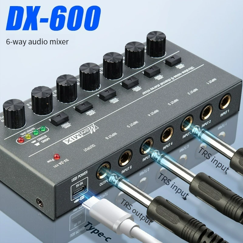 DX600 6-Channel Audio Mixer Upgraded Ultra Low Noise Line Mixer Mini Sound Mixer Power Supply DC5V Easy Operation Audios Mixer