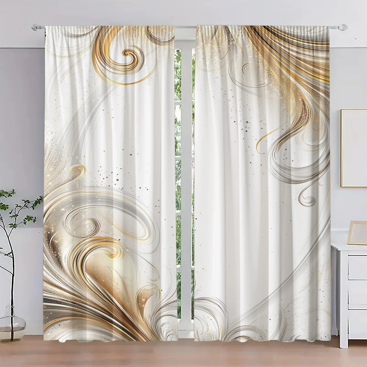 Metallic Swirl Glitter Window Curtain 2 Panels, Shiny Gold Silver Wave Line Print Soft White Tone Bedroom Home Decor Curtain