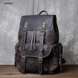 Men's Handmade Crazy Horse Leather Travel Bag Vintage Top Layer Leather Large Capacity Fashion Simple Drawstring Backpack