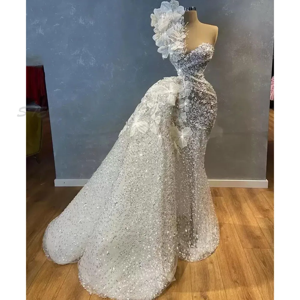 

Sequins Mermaid Sparkly Evening Dresses One Shoulder Strap Sleeveless Handmade Flowers Custom Made Prom Party Ball Gown Formal