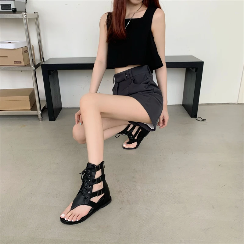 2023 Rome Gladiator Sandals High Top Boots Summer Booties Cut Out Flat Wedge casual Shoes Women Lace Up Thong Sandals Brown