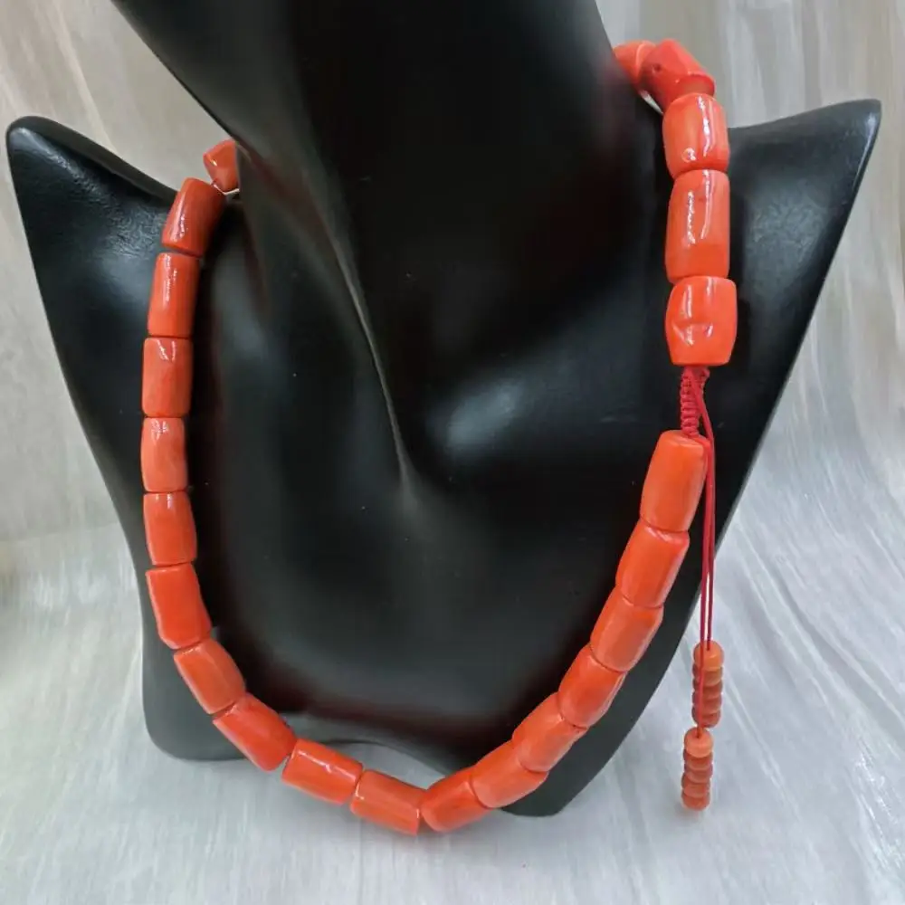 

10-12mm Punk Luxury Column Natural Sea Bamboo Orange Coral Women Jewelry Gift Short Collar Tibet Aka Necklace 20-35 inch