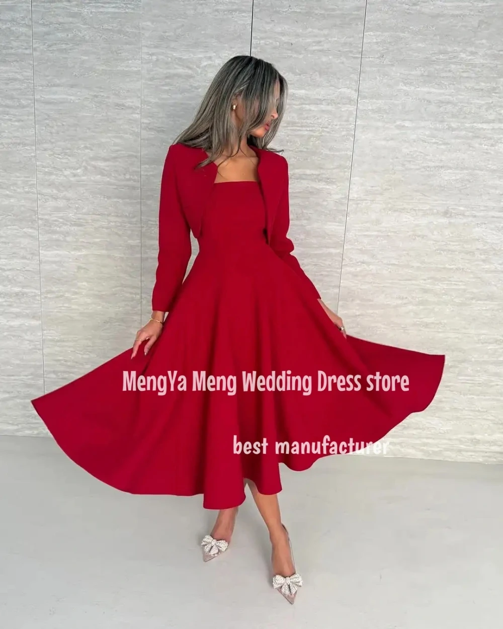 ZHUISHU Abiti da sera semplici a linea A con giacca Colletto quadrato Collo a metà polpaccio Abito da festa di nozze Cerniera posteriore Personalizzato