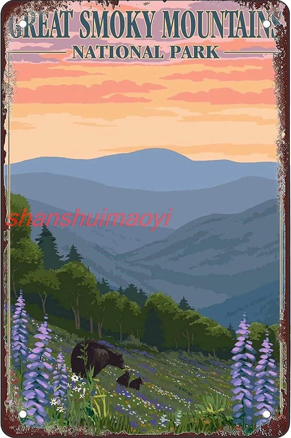 Big Smoky Mountain National Park, Tennessee, Bears And Bears And Flowers Funny Retro Tin Sign Wall Art Decoration 12x8 Inch sign