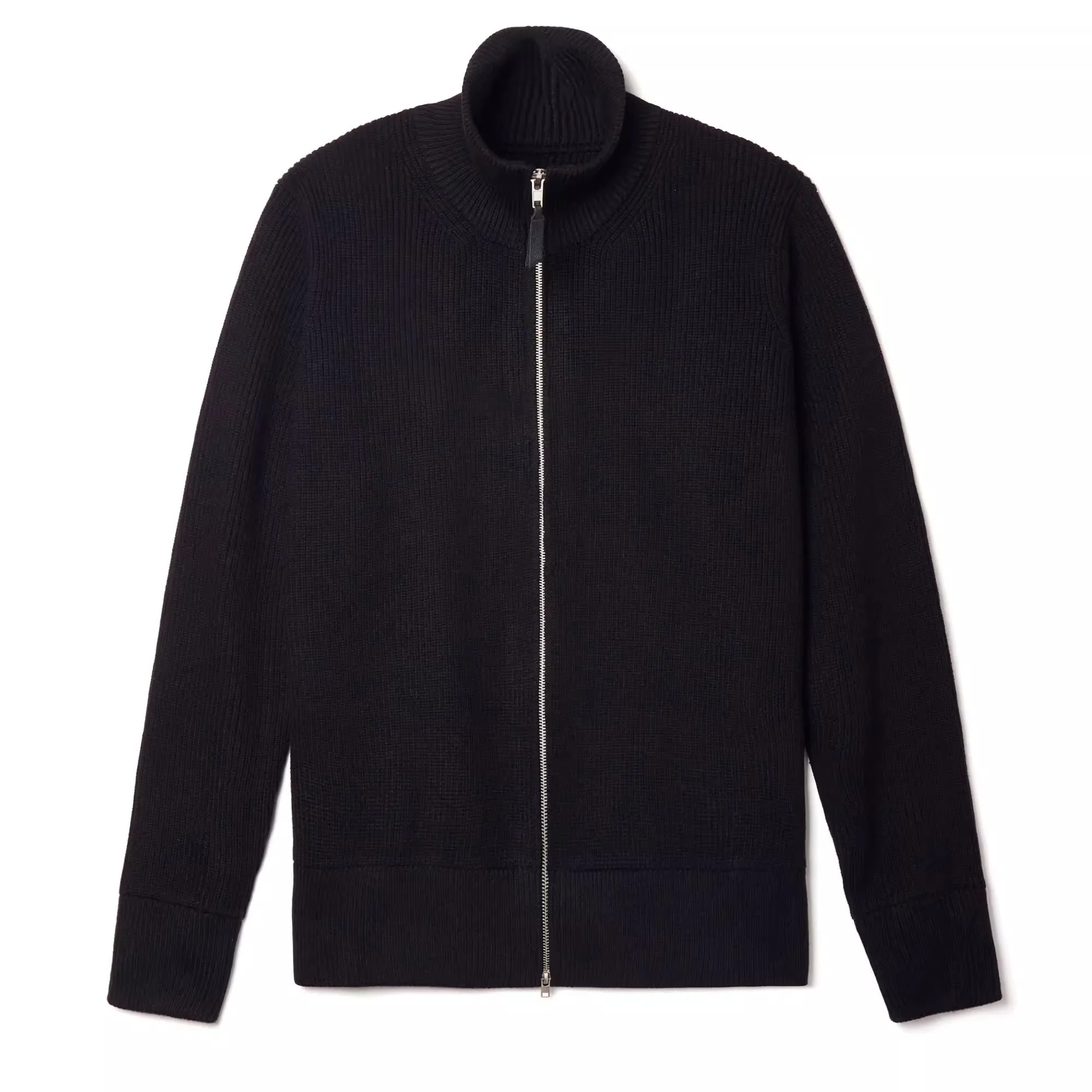 سترة صوفية محبوكة بسحاب مزدوج من الصوف ذات أربعة زوايا سوداء برقبة عالية وياقة واقفة وسحاب مزدوج للرجال #1