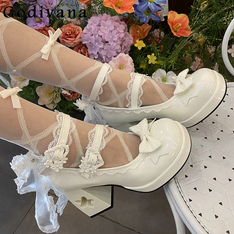 

Butterfly Knot Lace Lolita Chunky Heel Shoes Women Thick Sole High Heels Sweet Shoes Girls Party Comic Con Round Single Shoes