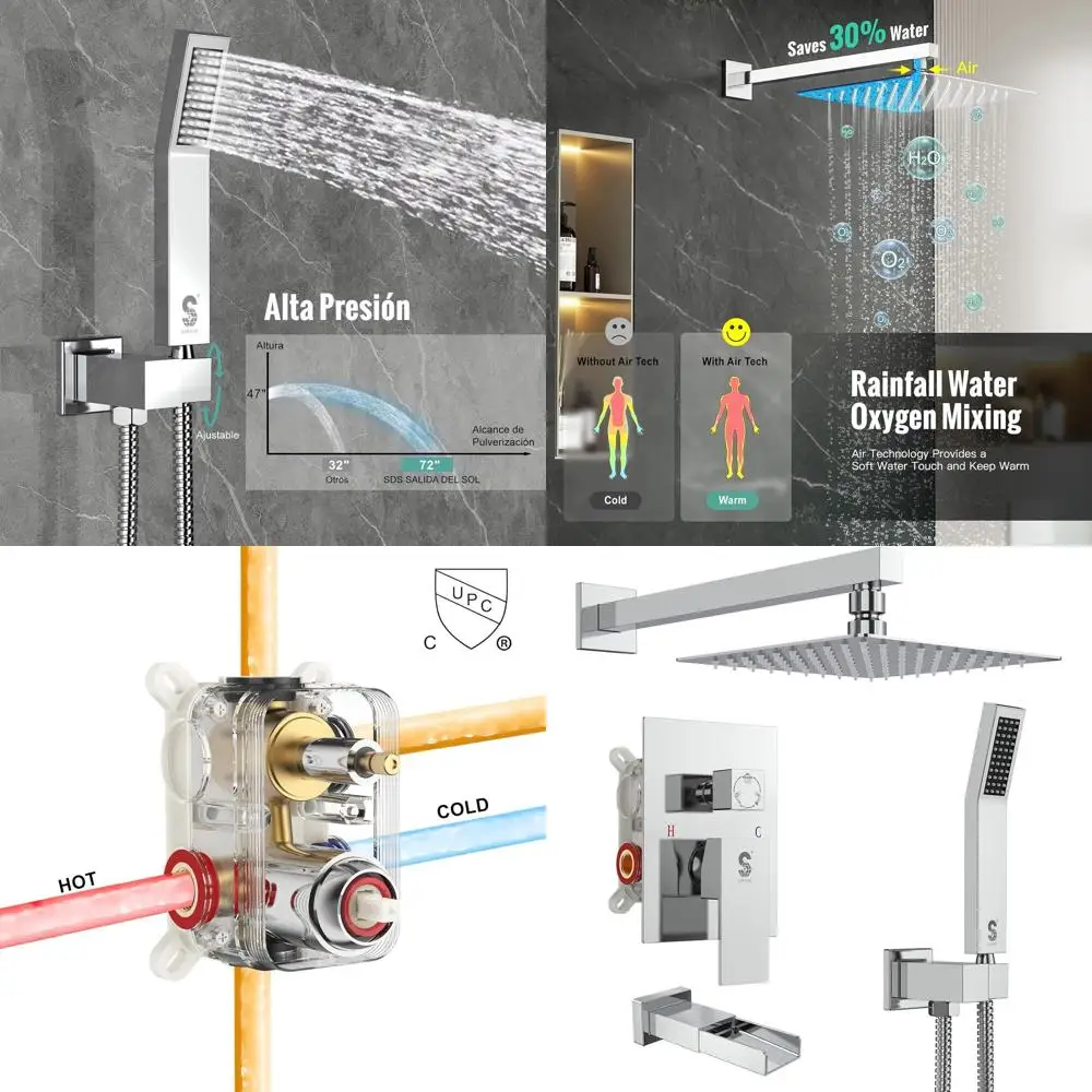 

All-Metal 12 Square Shower System with Tub Spout, Shower Valve, Rain & Handheld Showers in Polished Chrome