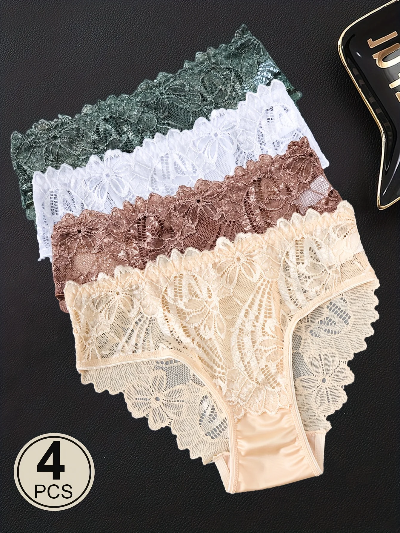 4‑Piece Women's Mid‑Rise Underwear Set, Featuring Solid‑Color Lace and Floral Satin with Spliced embroidery Design,