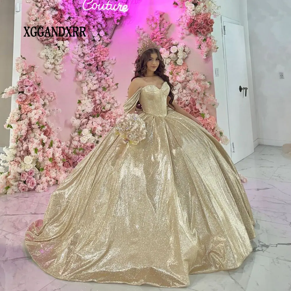 Luxury Gold Gown Party Dress 2024 Off Shoulder Quinceanera Dress Princess Birthday Party Prom Sweet 16 Vestido De XV Años