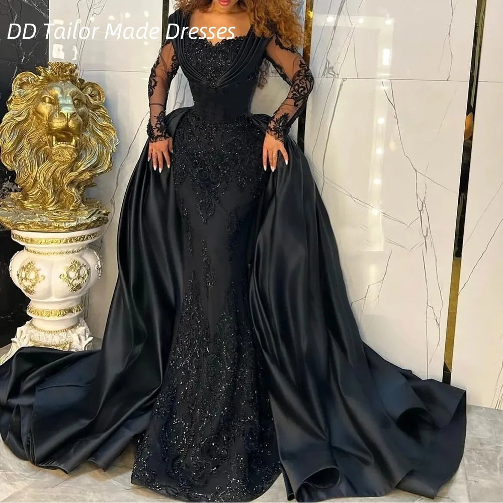 

Elegant Black Mermaid Evening Dresses Beaded Lace Appliques Long Sleeves Women Formal Occasion Gown 2 In 1 Customized Prom Dress