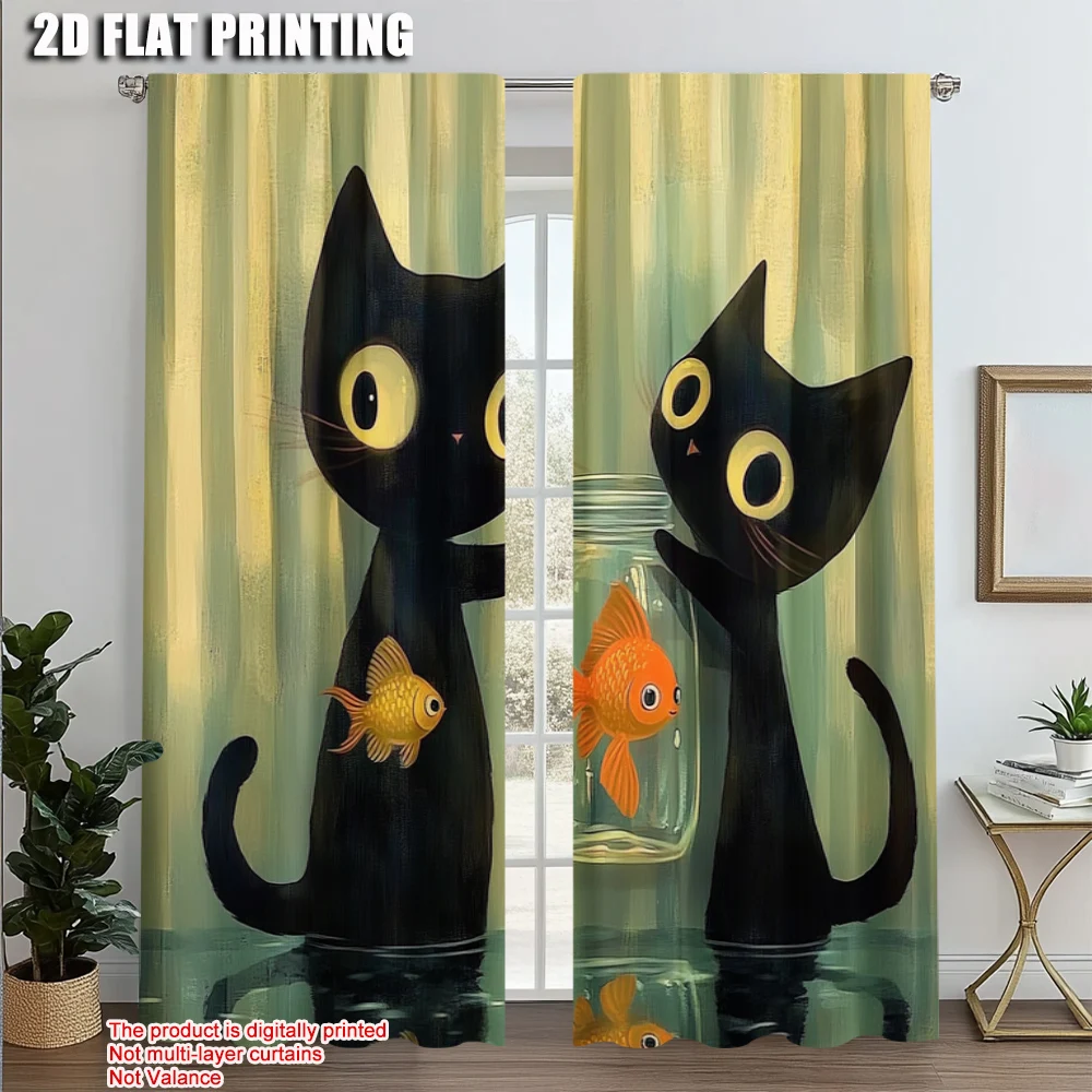

2pcs, Popular Curtain Panels 2D print Black Cat1 Versatile Durable Polyester (without rod) Versatile All Use for Bedroom, Living