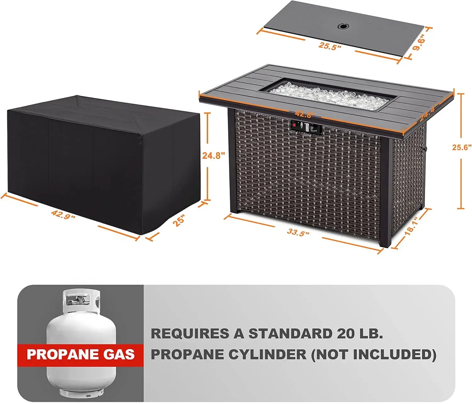 Nuu Garden Outdoor 43-inch 50,000 BTU Propane Gas Fire Pit Table, Aluminum Tabletop and PE Rattan Weaved Steel Frame