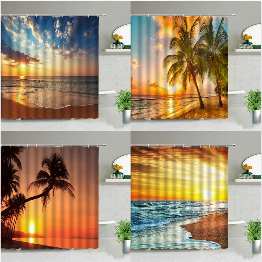 Sunset Dusk Sunlight Beach Shower Curtain Set Ocean Landscape Green Palm Tree Waterproof Home Bathroom Decoration Cloth Curtains