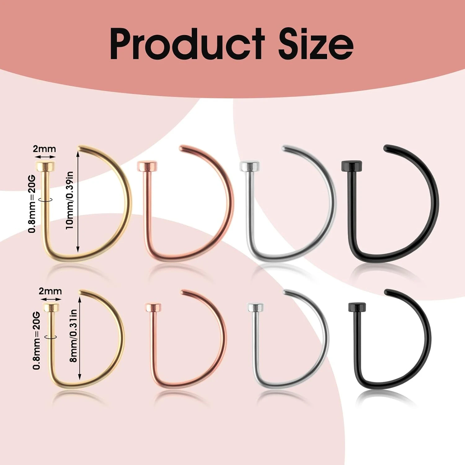 8PCS Fake Nose Ring Hoop Set Silvery Faux Nose Ring D Shaped Screw Small Piercing Jewelry for Women Men 20G 8mm 10mm