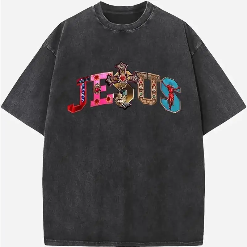 

Cotton Short Sleeve Vintage Acid Wash Oversized Tops with JESUS Cross Graphic Retro Hip Hop Baggy Drop Shoulder Loose Tees Shirt