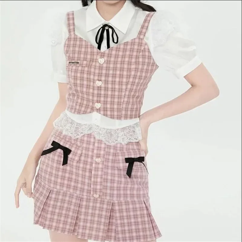 Y2K Harajuku Girl Fashion 3 Pieces Matching Suits Short Sleeve Lace White Shirt&pink Plaid Camis Vest&Mini Pleated Skirt Sets