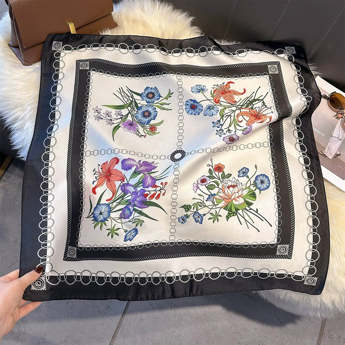 Bufanda femenina de seda simulada cuadrada pequeña de 70cm, Hijab, diadema femenina, pañuelo, corbata Floral para el cuello para mujer