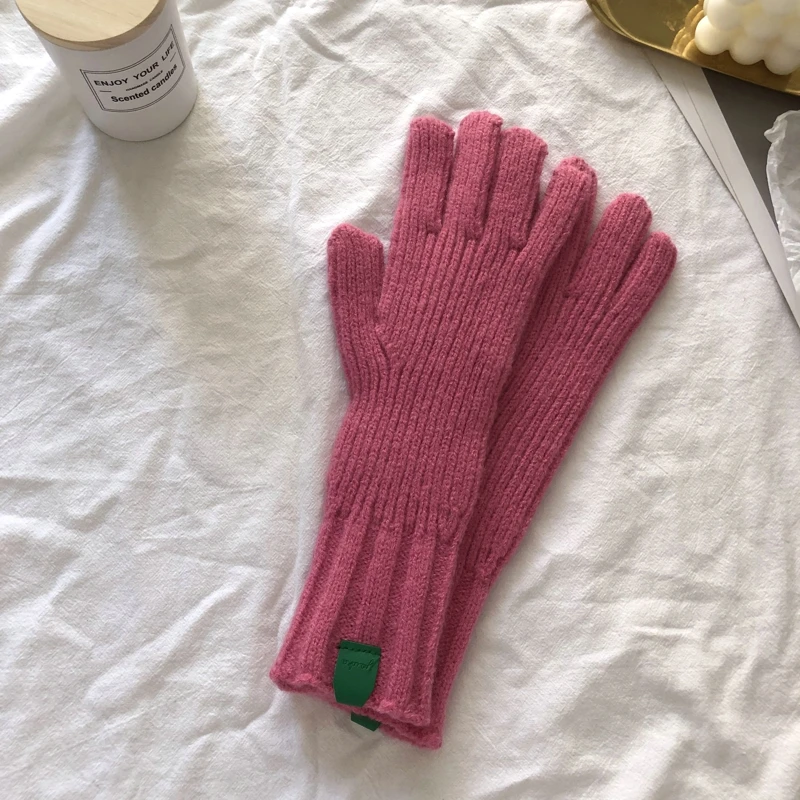 Guantes de punto de Color puro para mujer, guantes gruesos y cálidos con dedos divididos, regalo de Navidad para pareja