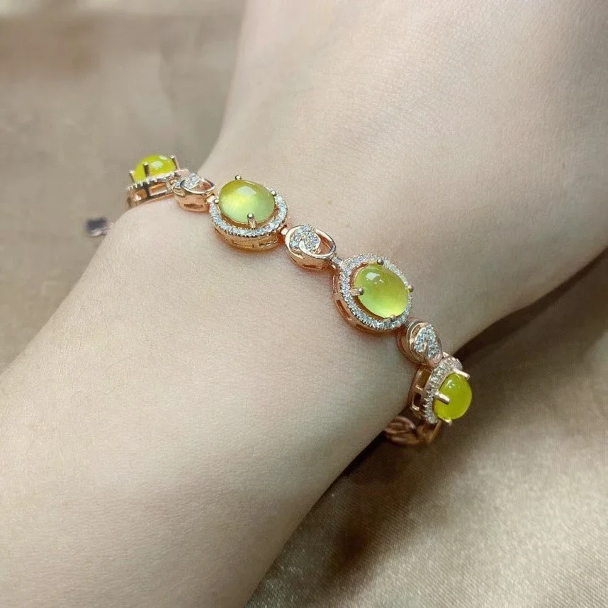 Classic925 Silver Prehnite Bracelet for Party 6mm*8mm Natural Yellow Prehnite Silver Bracelet Sterling Silver Gemstone Bracelet