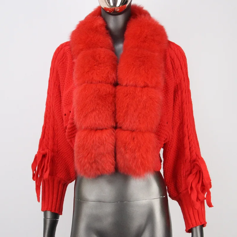 2024 Giacca invernale da donna lavorata a maglia con abbottonatura in pelliccia naturale Nuovo cardigan lavorato a maglia Casual Vera pelliccia di volpe Nuova moda corta calda