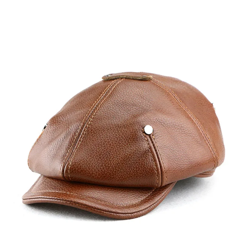 Autumn Winter Real Full Grain Cow Leather Octagonal Beret Cap For Men  Retro Fashion British Style Newsboy Hat Artist Visor