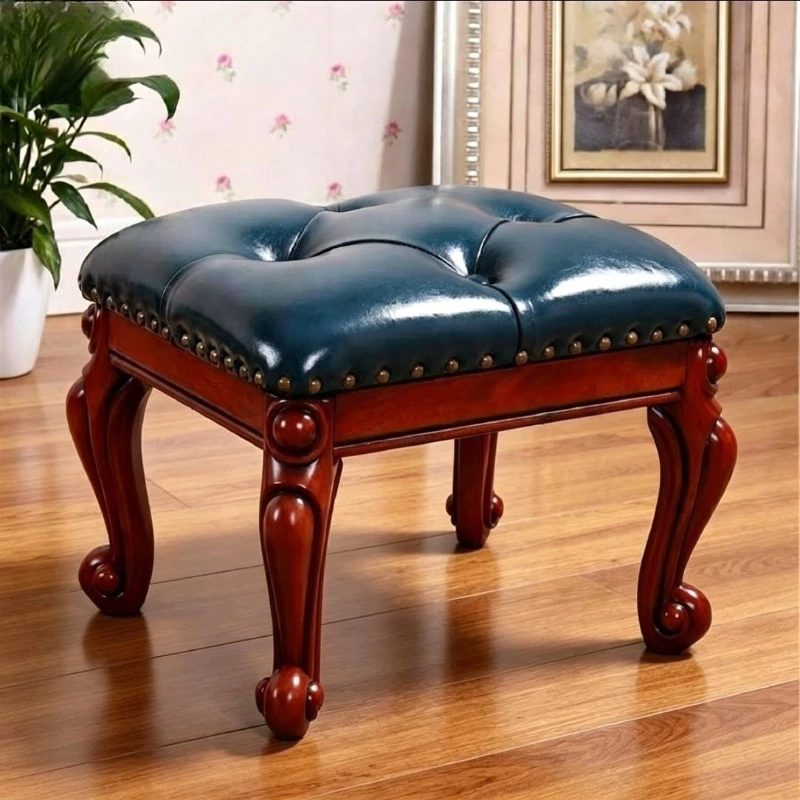 American low stool, household living room, solid wood leather sofa stool, European style