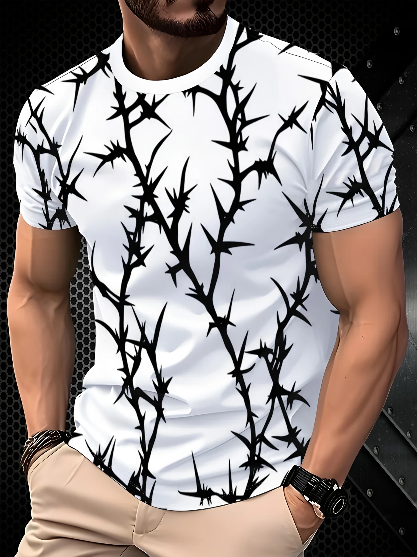 Gothic Spiky Thorn Vine Print T-Shirt for Men, White Base Black Branch Graphic Short Sleeve Daily Casual Tops