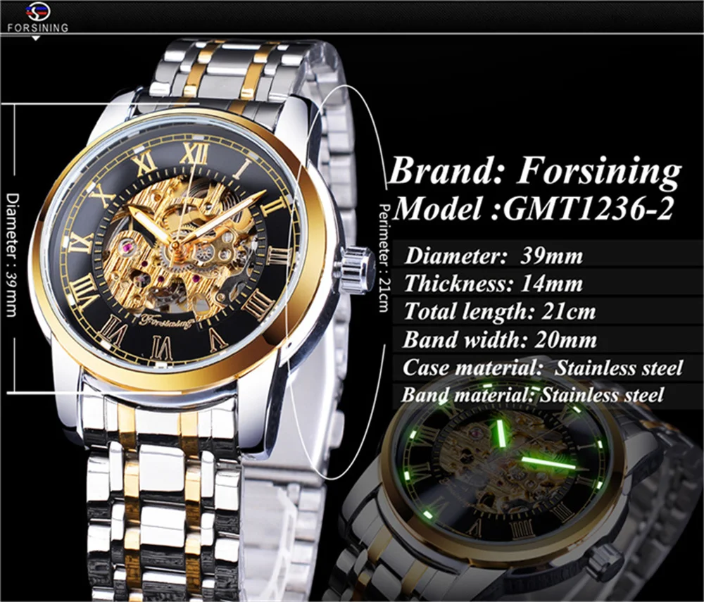 Orologio Automatico Uomo FORSINING – Quadrante Scheletrato Nero E Oro, Movimento Meccanico A Carica Manuale, Cinturino Acciaio Inox, Stile Vintage