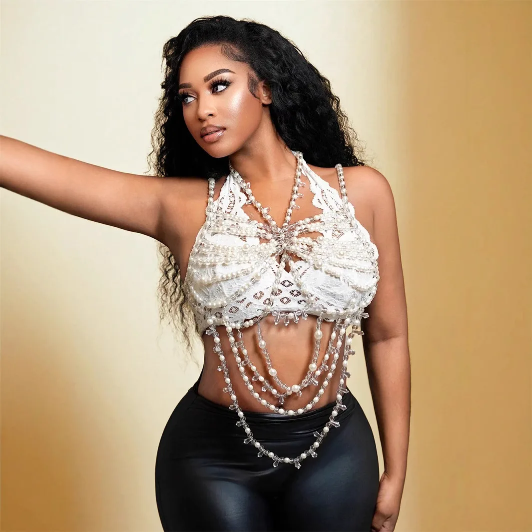 

Новый жемчужный топ с бахромой, сексуальный, с открытой спиной, на бретелях, с вырезами и стразами, модный наряд для EDM-фестивалей и карнавалов