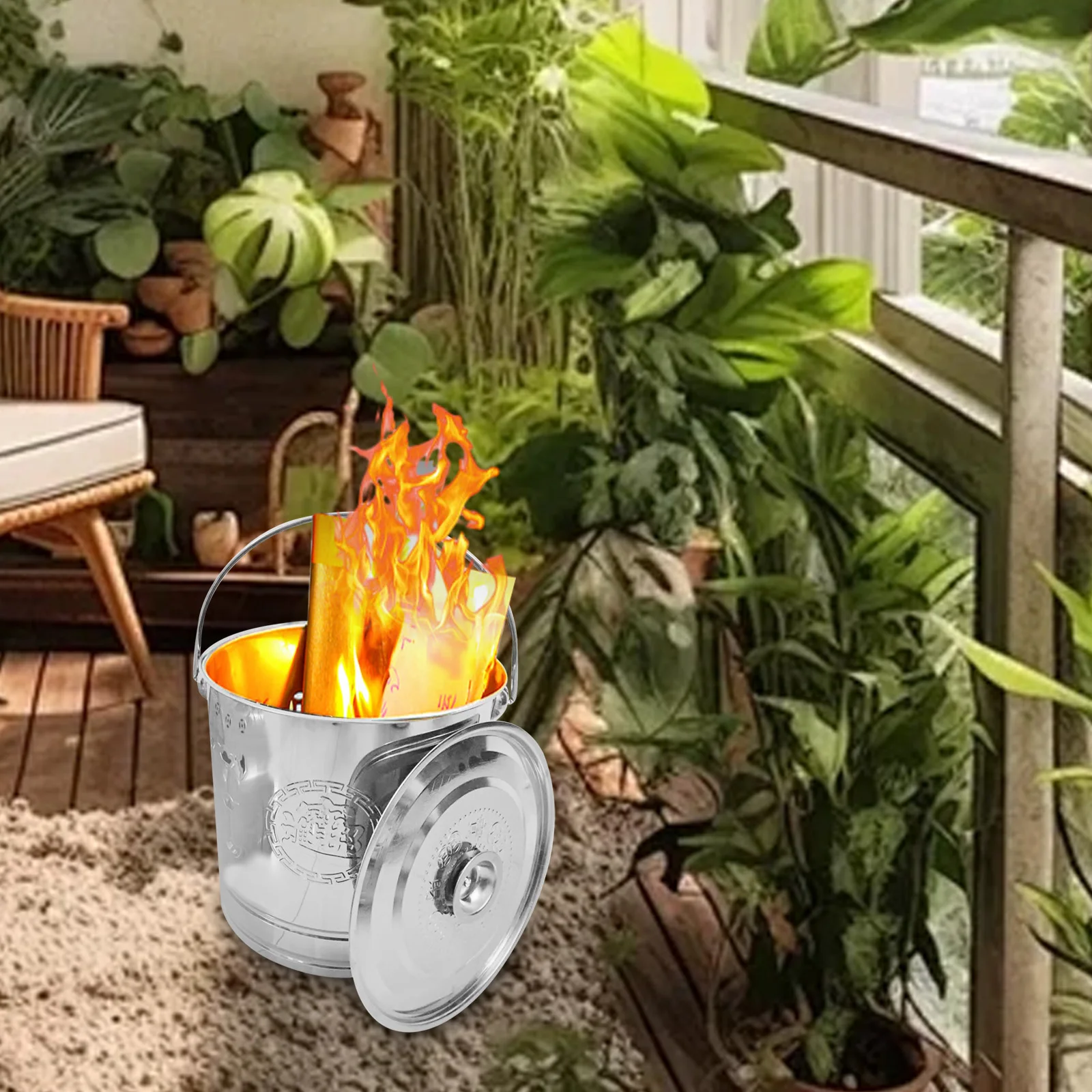 Paper Money, Burning Barrel, Garden Brazier,Burning Paper Bucket with Lid and Handle,Fireplace Bucket for Yard Waste Trash