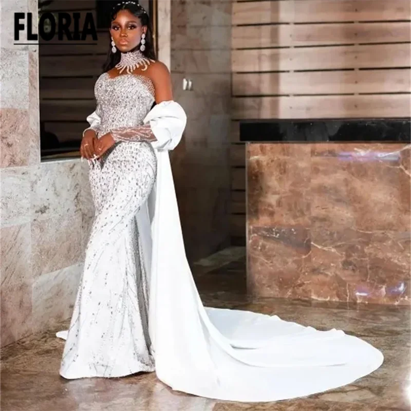 Elegant White Mermaid Wedding Dress with Long Detachable Cape Heavy Beads Crystal Evening Party Gown Celebrity Occasion Dresses