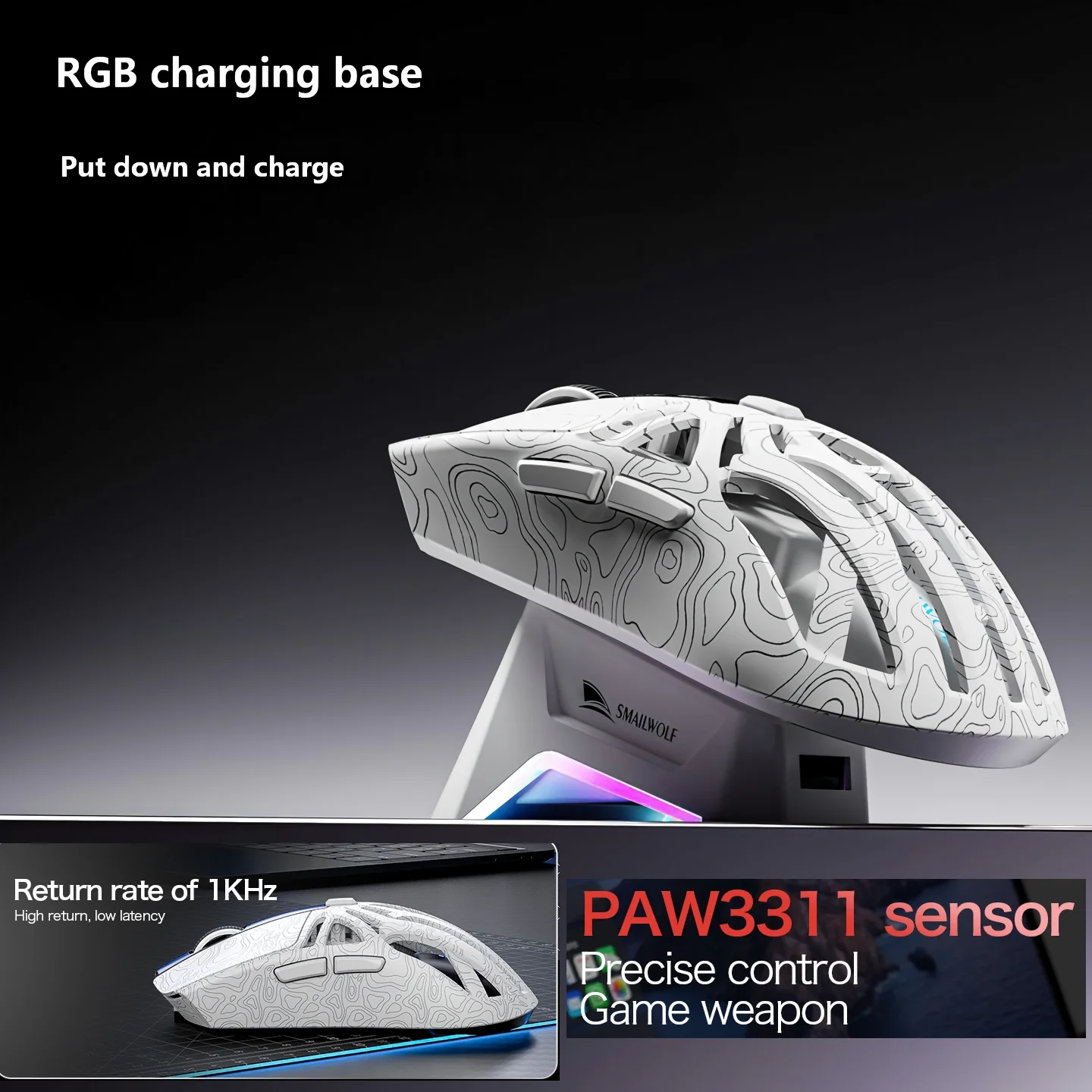 SMAILWOLF M8 E-sports Gaming Three-Mode 1K Mouse PWA3311 Lightweight Design Mouse Magnetic Base