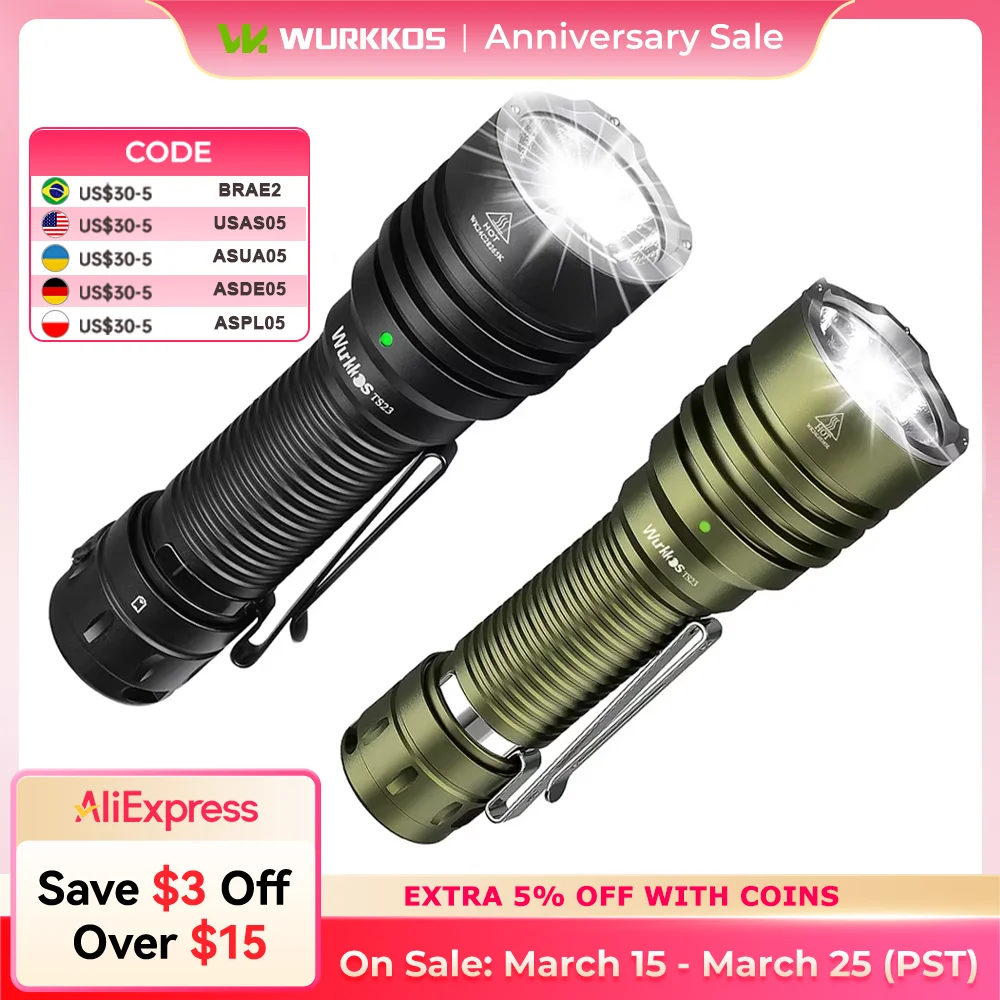 Wurkkos TS23 5000LM IP68 Waterproof Tactical Flashlight XHP70.3HI Bright LED CRI90+ Torch 482m Beam for Hiking Fishing Emergency