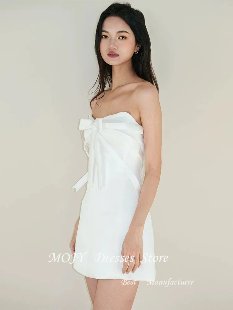 Вечернее платье Mojy для дня рождения, белое мини-платье без бретелек с открытыми плечами и бантом, трапециевидное платье для девочек, короткое милое платье