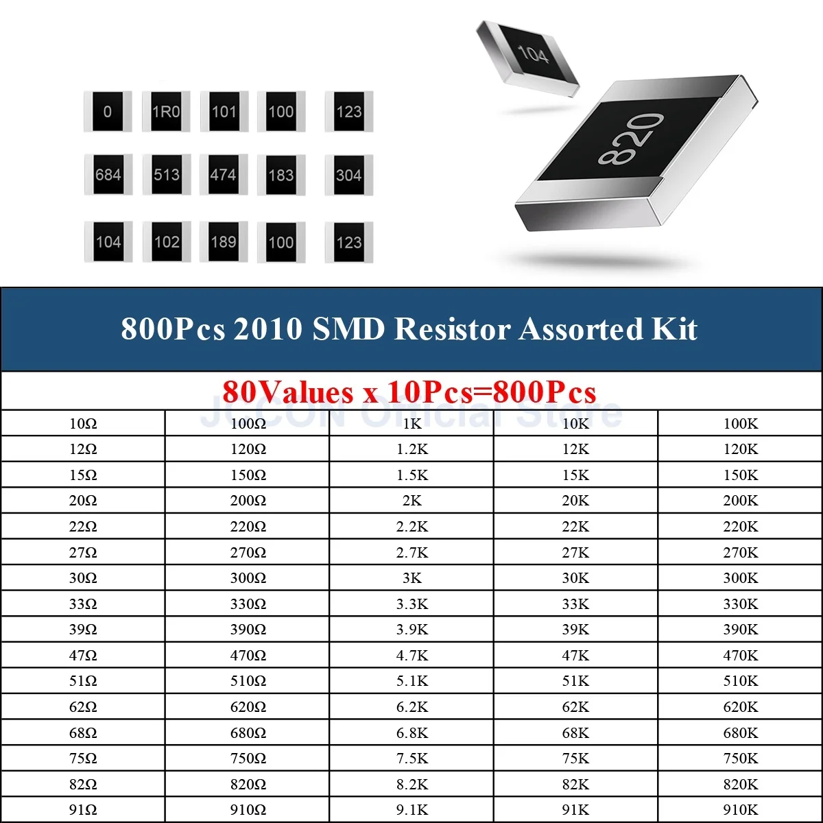 800Pcs 2010 Resistor Kit 10R-910K (80Values x 10Pcs=800Pcs) Watt 1% High Precision Film Chip Resistance Kit SMD Resistors Set