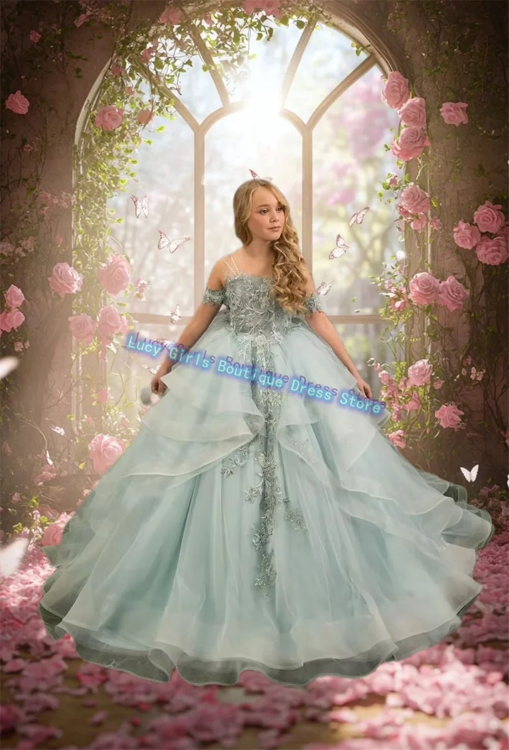 Flower Girl Dress Sling Off Shoulder Tulle Lace Printed Princess Wedding Party Ball First Communion Dresses Birthday Gowns