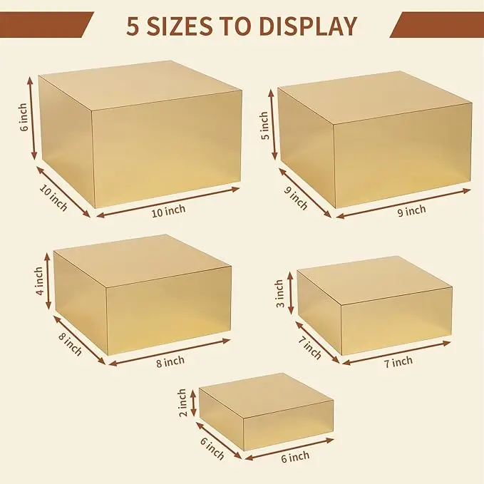 رافعات للعرض 5 قطع، رافعات طعام للحفلات، صناديق مكعبات ذهبية، حامل عرض لحقيبة المجوهرات ومستحضرات التجميل ومضبان تقديم الطعام #2