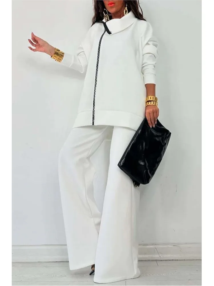 

Fashion Set Zipper Casual Long Sleeved Hoodie Women's Suit Autumn New Loose Wide Leg Pants Female Elegant Office Two Piece Set
