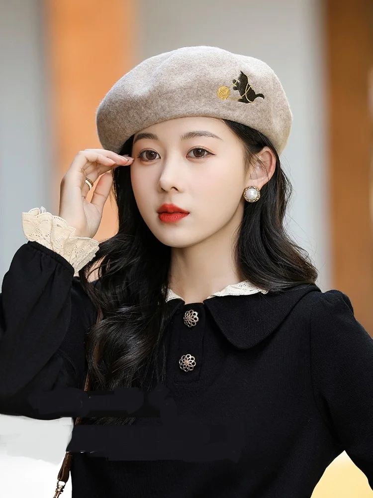 Women's Autumn and Winter Wool Painter Cap Sweet and Lovely Cartoon Embroidery Versatile Beret Pumpkin Cap