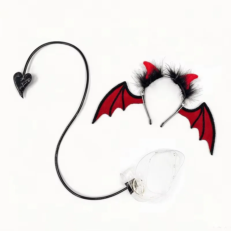 FallenVex Store Gothic Devil Cosplay Headwear Wing Headband Demon Ears Heart Shape Tail Halloween Party Roleplay Costume Prop