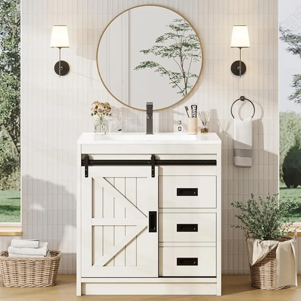 Farmhouse Bathroom Vanity with Sink Combo,Sliding Barn Door Bathroom Vanity Cabinet Set with Storage Drawers, Metal Handles