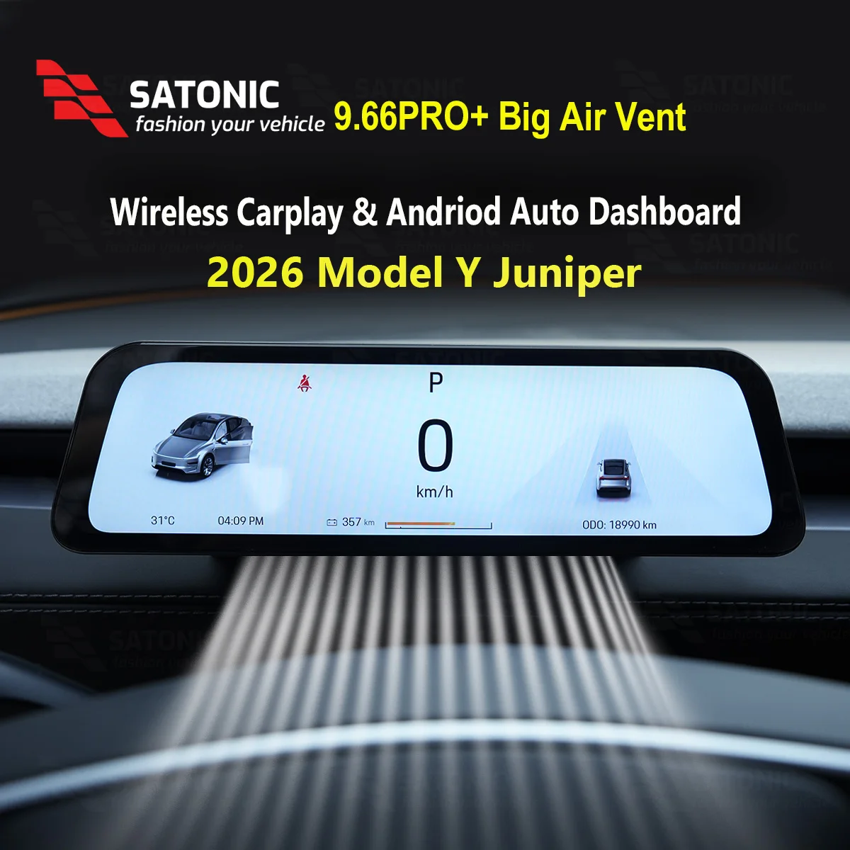 شاشة ساتونيك 9.66 بوصة موديل 3 Carplay Dasbhoard لـ Tesla 2026 موديل Y Juniper تدعم Carplay اللاسلكي وAndroid Auto GearShift #2