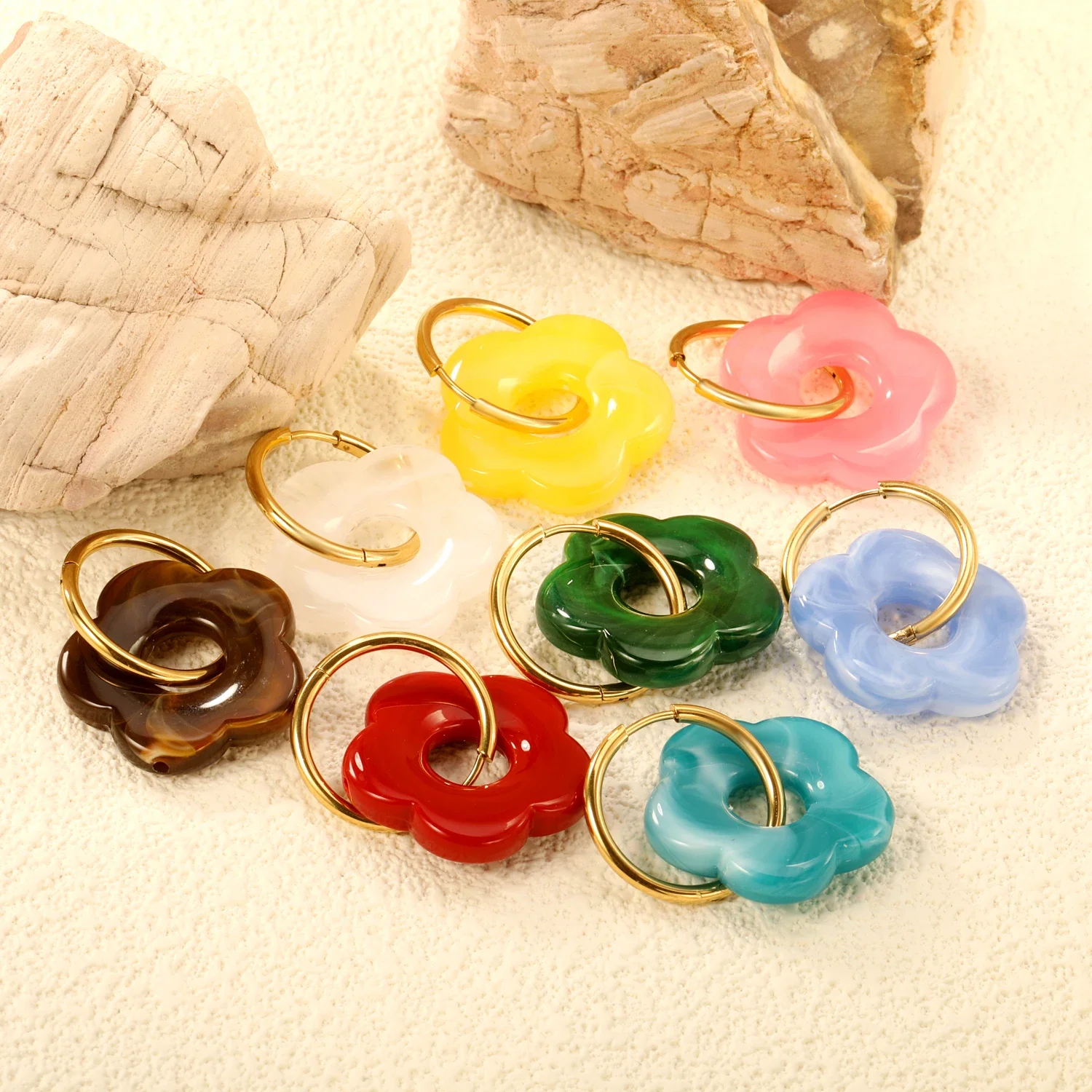 LUXUSTEEL 2pc/1pair Flower style Earring Colorful Stud Earrings Golden Stainless Steel Women\'s Earrings Jewelry Accessories