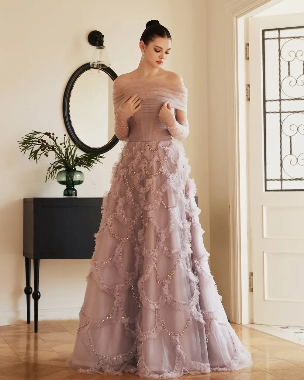 Customized Formal Elegant Tulle Sequined Beading A-line Off-the-shoulder Long Dresses Evening Dresses Sizes Available Intricate