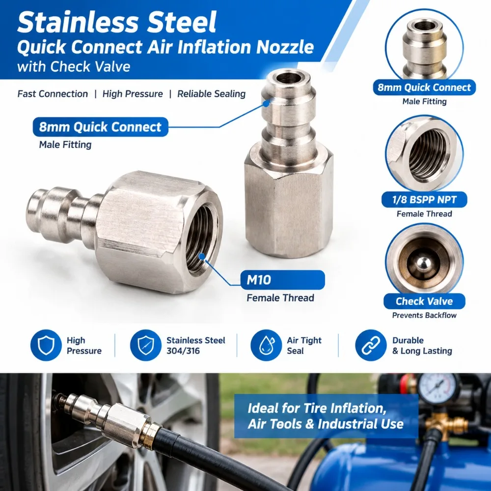 Heavy Duty Stainless Steel Quick Connect Fitting Silver 1/8 BSPP Thread Air Inflation Nozzle Check Valve Nozzle Pneumatic System