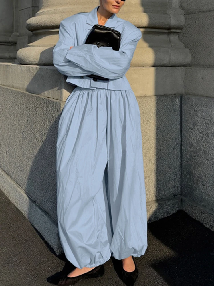 

Fashion Lapel Collar Button Blazer Coat & Pant Suit Lady Casual Long Sleeve Solid 2Pc Set Elegant Commute Pleat Wide Leg Outfits