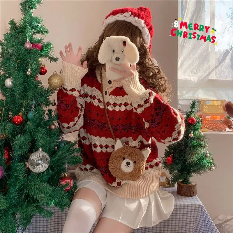 Red Christmas Sweaters Pullovers Women Loose Winter Clothes All-match Harajuku Kawaii Long Sleeve Full Femme O-neck Casual Chic