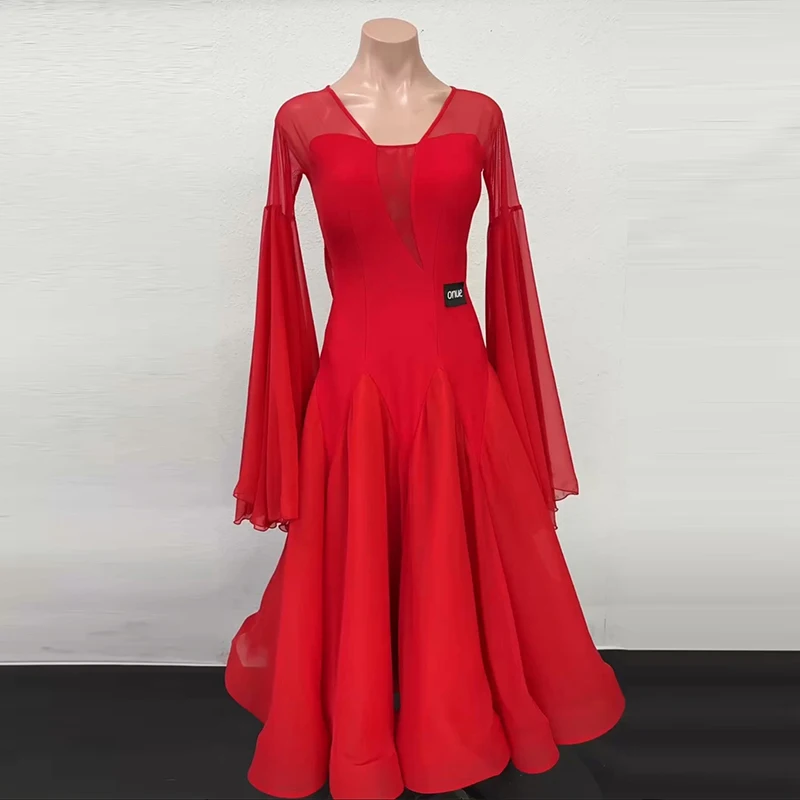 Robe de danse de salon rouge pour femmes, robe de spectacle de danse moderne Standard, robes de valse élégantes, vêtements de danse d'entraînement en salle de bal 2941